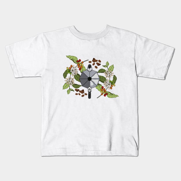 Hand Drawn Coffee Plants and Beans - Moka Pot Espresso Kids T-Shirt by Mada's Coffee Shop